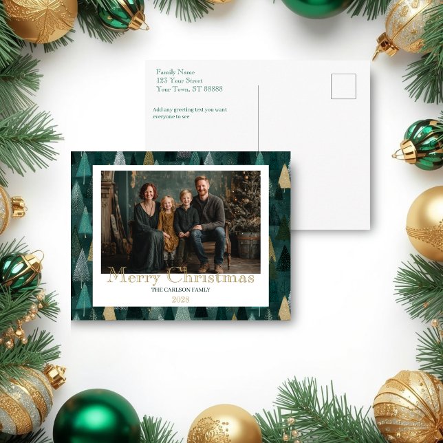 Modern Grön & Guld Träd Jul Postkort Helg Vykort (Front and back of postcard
)
