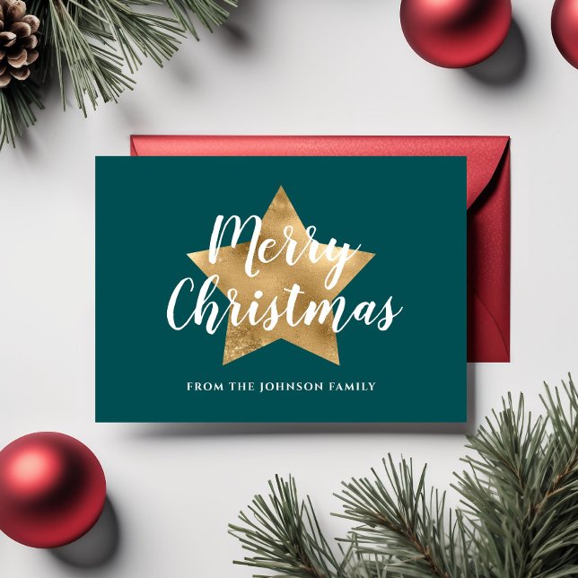 Modern Grön Guldstjärna God Jul Vykort (Modern Green Gold Star Merry Christmas Postcard)