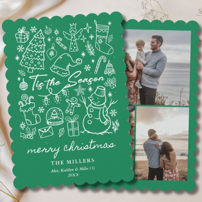 Modern Grön Julen är här Julklappsritning (Modern Green Tis the Season Christmas Doodle Holiday Card
)