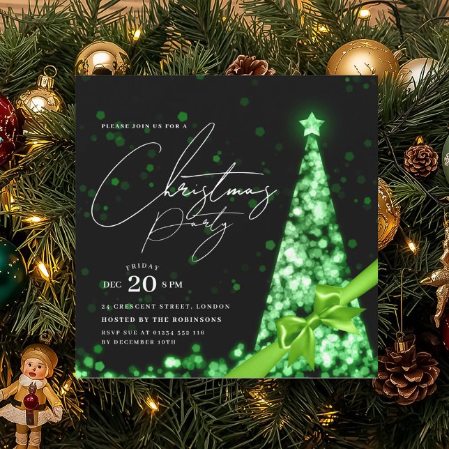 MODERN Grön julgran med båge till fest  Inbjudningar (MODERN Green Winter Christmas Tree Bow Party Invitation)