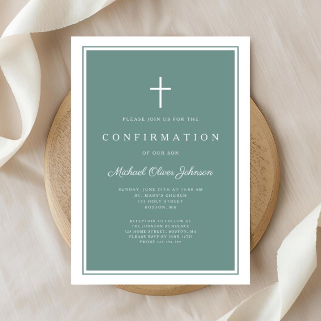 Modern Grön Kors Pojk Konfirmation Inbjudningar (Modern Green Cross Boy Confirmation Invitation)