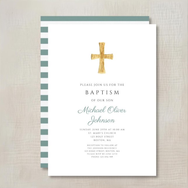Modern Grön Kors Religiös Pojke Dop Inbjudningar (Modern Green Cross Religious Boy Baptism Invitation)