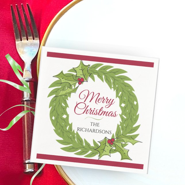 Modern grön krans God Jul Personlig Pappersservett (Merry Christmas cocktail napkins holiday wreath personalized name custom drink green red napkin)