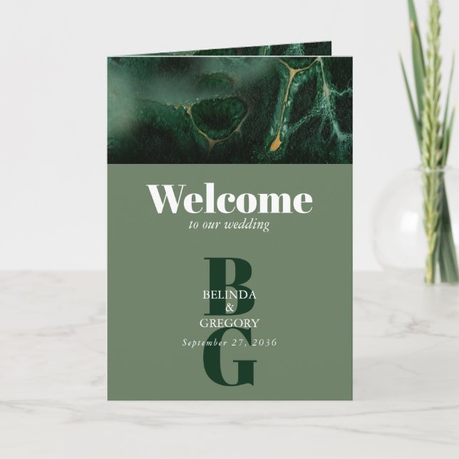 Modern Grön Monogram Bröllopsprogram Program (Framsida)