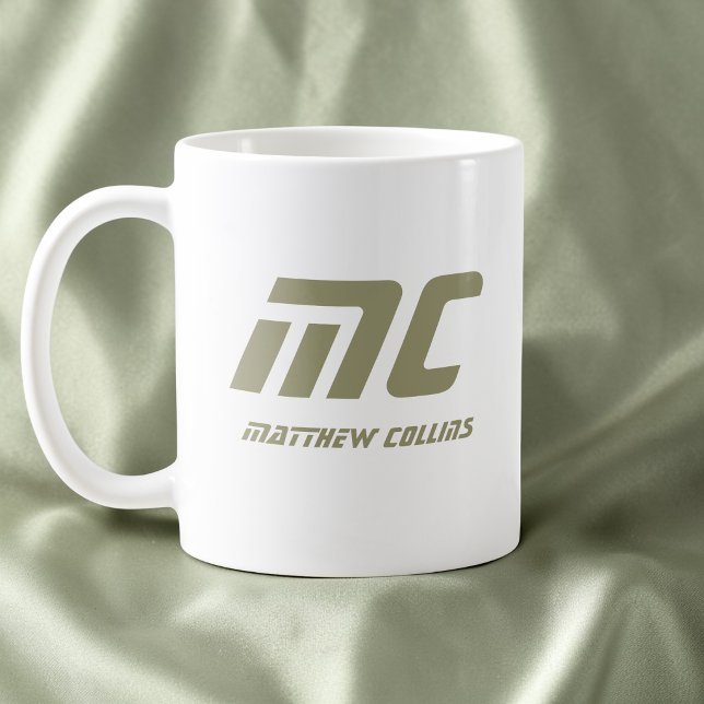 Modern Grön Monogram Namn Minimal Text Herrars Kaffemugg (Modern Green Monogram Name Minimal Text Men's Coffee Mug)