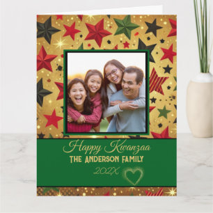 Modern grön och gul Patten familjefoto Kwanzaa Kort
