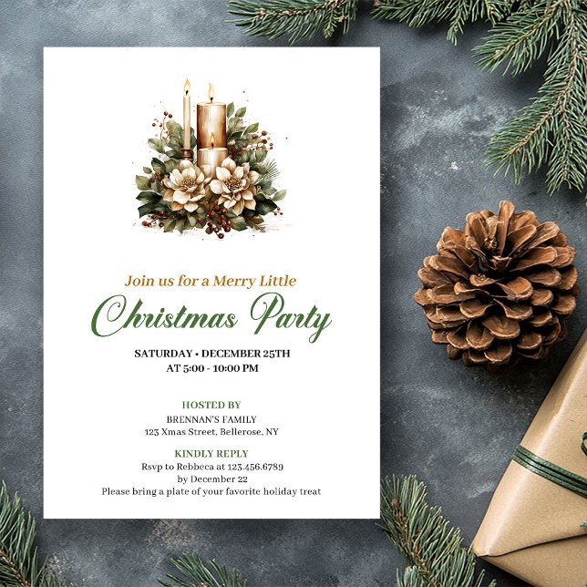 Modern Grön Och Guld Jul Ljusstake Firande Inbjudningar (Modern Green And Gold Christmas Candle Celebration Invitation)
