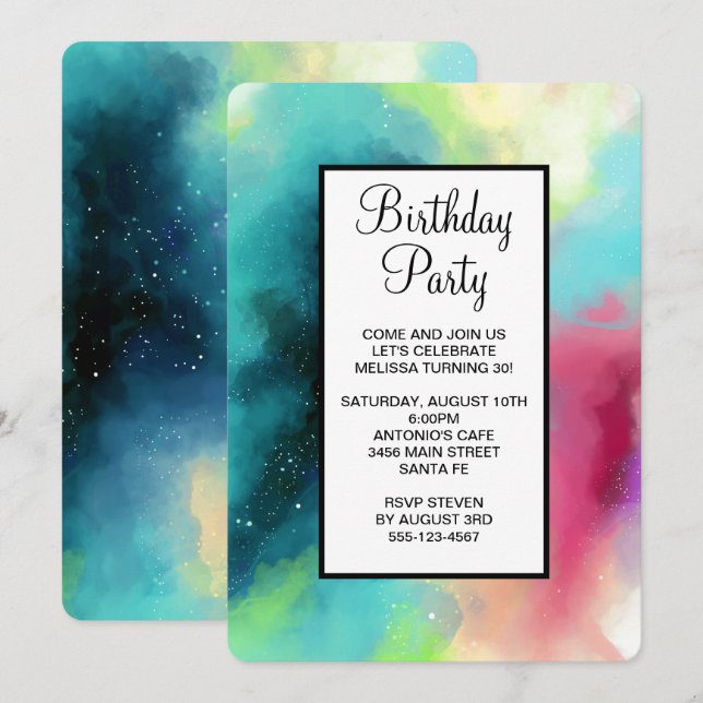 Modern grön och röd rymdnebulosa i akvarell inbjudningar (Fram/baksida)