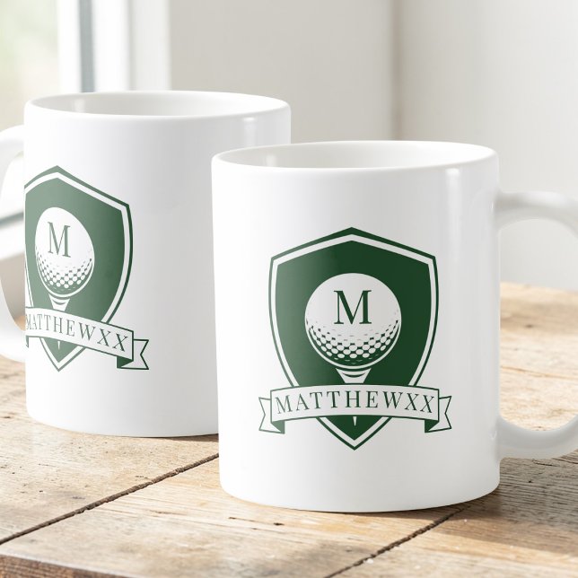 Modern grön och vit golfboll Namnmonogram Kaffemugg (Modern Green and White Golf Ball Name Monogram Coffee Mug)