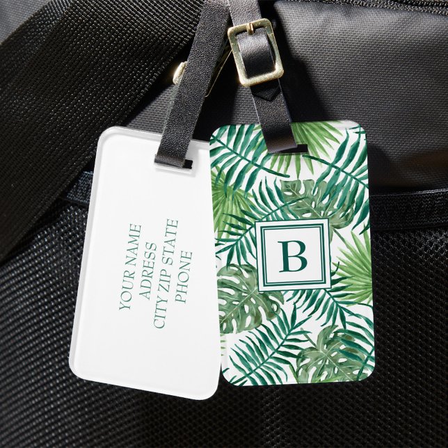 Modern Grön Palmblad Monogram Bagagebricka (Tropical Green Palm Leaves Monogrammed Luggage Tag)