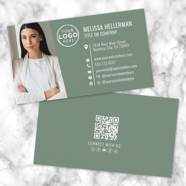 Modern Grön Professionell QR-kod Foto Logotyp Visitkort (Modern Green Professional QR Code Photo Logo Business Card)
