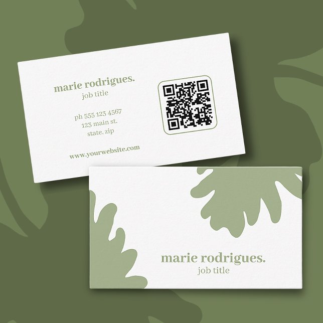 Modern Grön QR-kod Affärsaffischkort Visitkort (Beautiful, simple and modern green leaves business card with Qr code. Personalize with name + info)