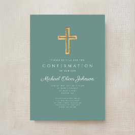Modern Grön Religiös Kors Pojke Konfirmation Inbjudningar