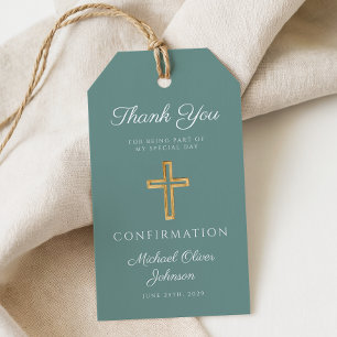 Modern Grön Religiös Kors Pojke Konfirmation Presentetikett