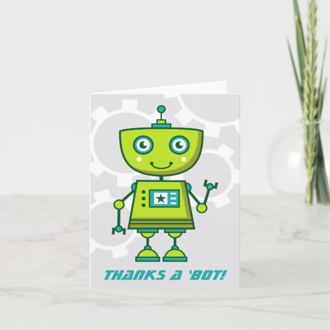 Modern Grön Robot Pojkars Födelsedagsfest Tack Kort (Framsida)