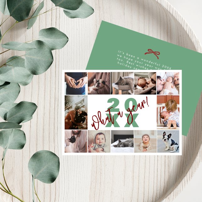 Modern Grön Röd 12 Fotokollage Vilket år Julkort (Skapare uppladdad)