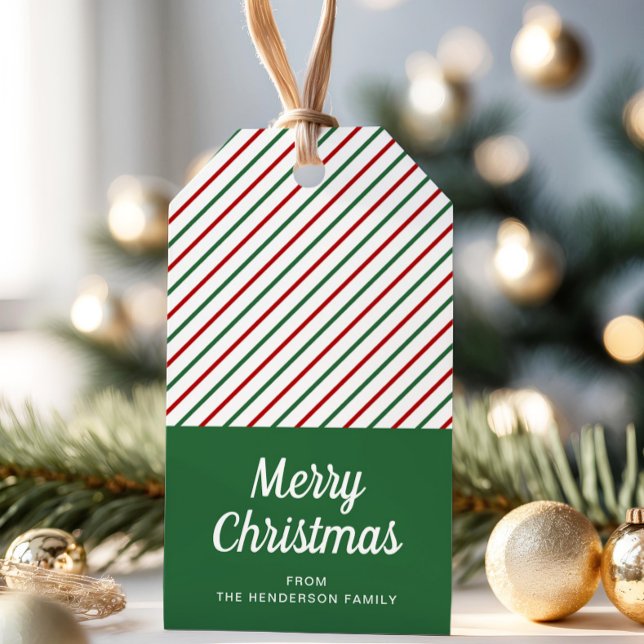 Modern Grön Röd Randig Jul  Presentetikett (Modern Green Red Striped Christmas Gift Tags)