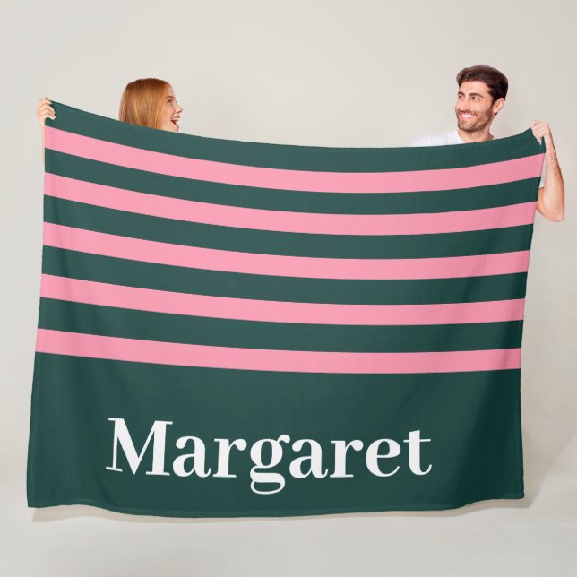 Modern grön & rosa vit monogramnamn fleecefilt (På plats)