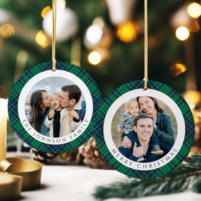 Modern grön rutig foto jul julgransprydnad keramik (Modern Green Plaid Photo Christmas Ceramic Ornament)