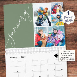 Modern grön skript 4 bilder per månad kalender
