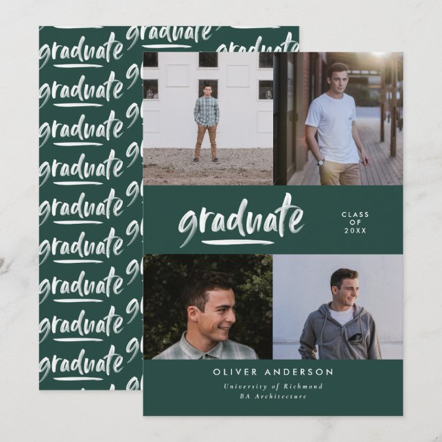 Modern Grön Skript multi Foto Grad Annonsering Inbjudningar (Fram/baksida)