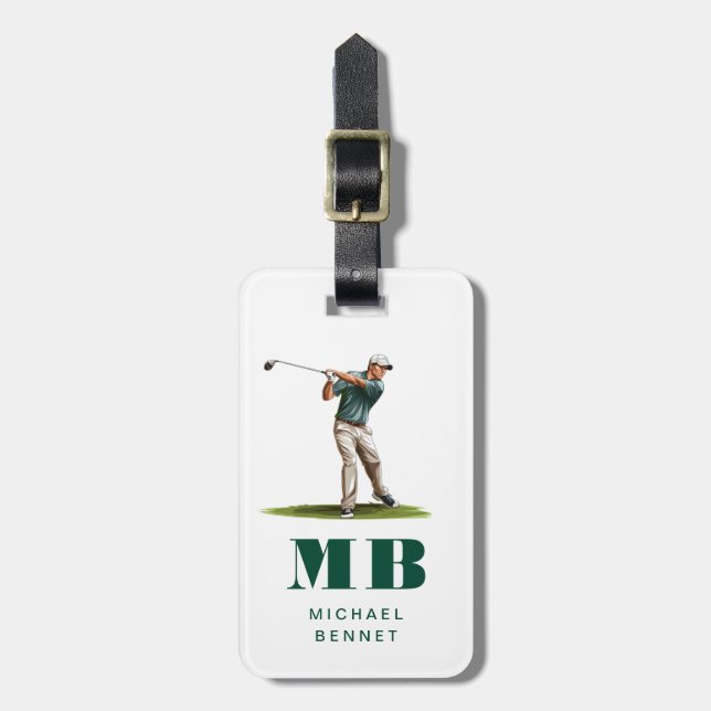 Modern Grön Sport Golf Monogram Bagagebricka (Vertikal Framsida)