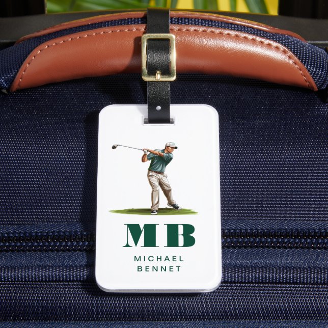 Modern grön sport golfmonogram bagagebricka (Framsida Insitu 2)