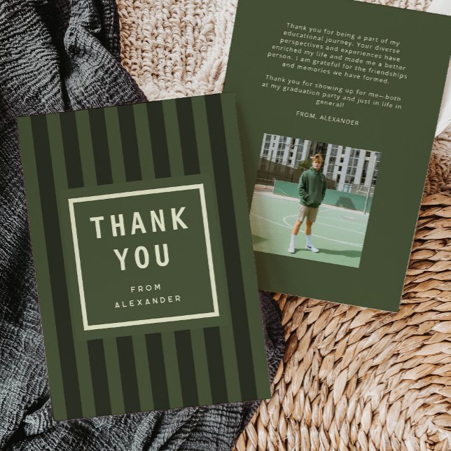 Modern Grön Sportig Randig Examen Tack Kort (modern green sporty stripes graduation thank you card)