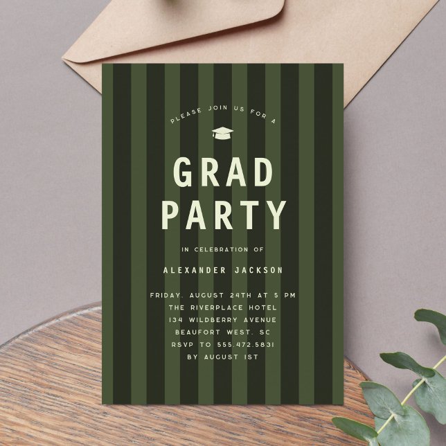 Modern Grön Sportig Randig Examenfest Inbjudningar (modern, green, sporty stripes graduation party invitation)