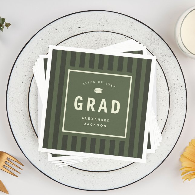 Modern Grön Sportig Randig Examenfest Pappersservett (modern, green, sporty stripes graduation party napkins)