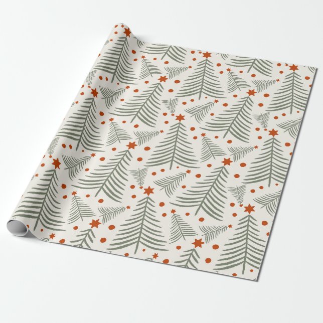 Modern grön ständigt grön trädpattern jul presentpapper (Utrullad)