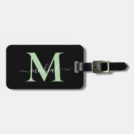 Modern Grön & Svart Monogram Skriptnamn Bagagebricka