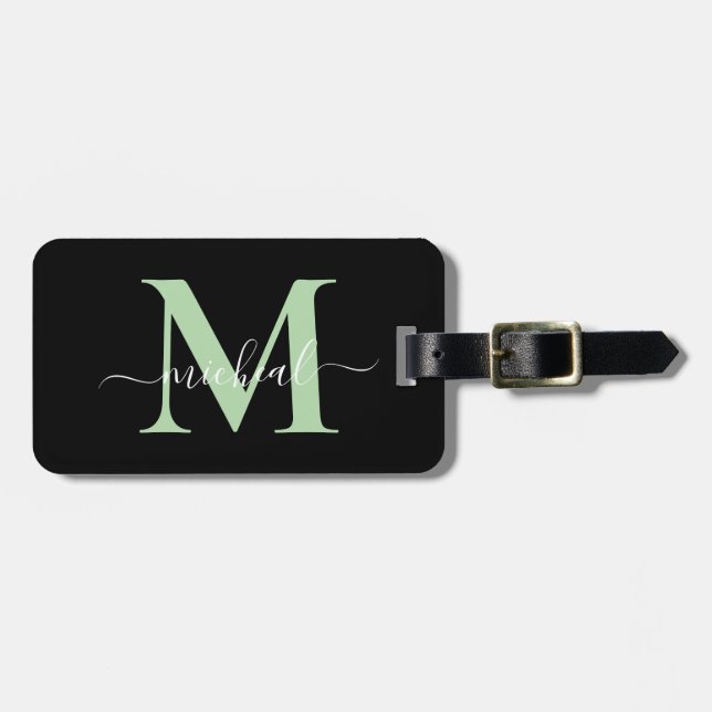 Modern Grön & Svart Monogram Skriptnamn Bagagebricka (Horisontell Framsida)