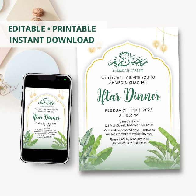 Modern Grön Tropisk Blad Ramadan Iftar Middag Inbjudningar (Skapare uppladdad)