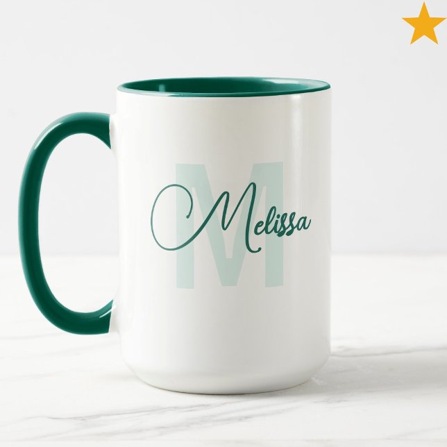 Modern Grön Vit Anpassad Namn Kursiv Monogram Mugg (Skapare uppladdad)