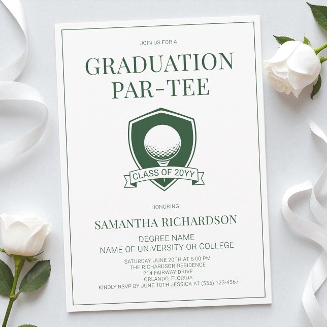 Modern Grön & Vit Elegant Golf Examensfest Inbjudningar (Modern Green & White Elegant Golf Graduation Party Invitation)