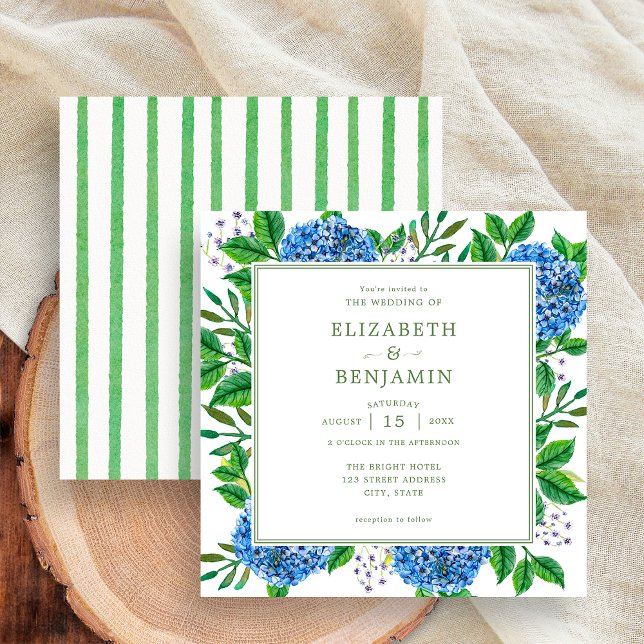 Modern Gröna Ränder Blå Hortensia Bröllop Inbjudningar (Front / Back)