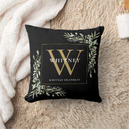 Modern Grönska Blommig Svart Guld Initial Monogram Kudde