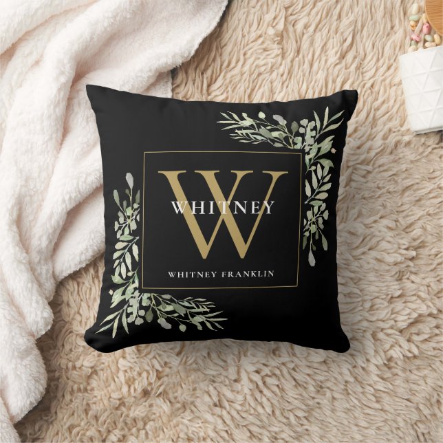 Modern Grönska Blommig Svart Guld Initial Monogram Kudde (Filt)