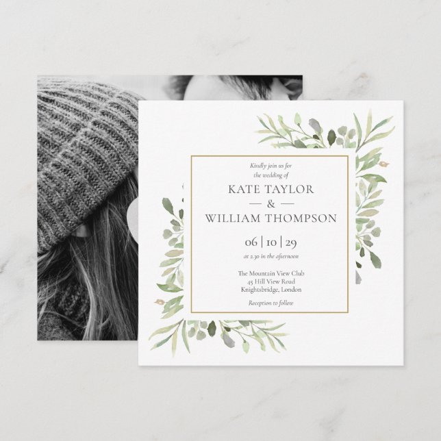Modern Grönska Botanisk Foto Bröllop Inbjudningar (Fram/baksida)