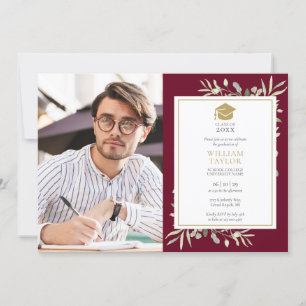 Modern Grönska Burgundy Examenstillfälle Foto Inbjudningar