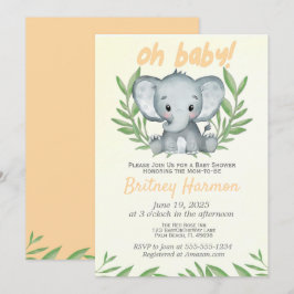 Modern Grönska Elefant Neutral Barnkalas Inbjudan
