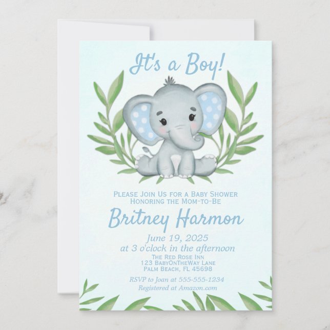 Modern Grönska Elefant Pojke Bebis Shower Inbjudningar (Framsida)