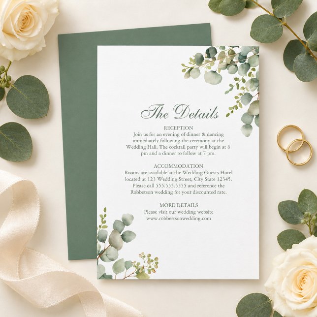Modern Grönska Eukalyptus Bröllopsdetaljkort Inbjudningar (Modern Greenery Eucalyptus Wedding Details Card)