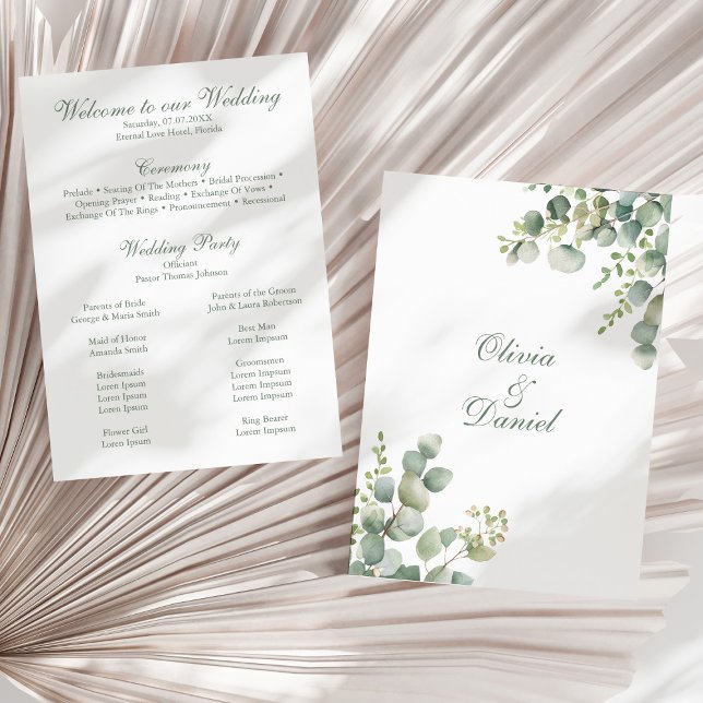 Modern Grönska Eukalyptus Bröllopsprogram Program (Modern Greenery Eucalyptus Wedding Program on a sunny dry palm leaf.)