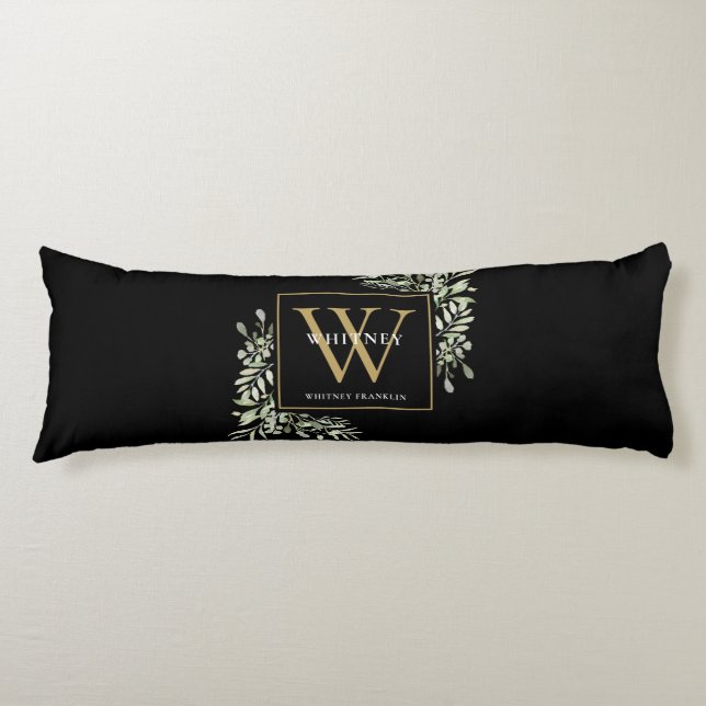Modern Grönska Guld Monogram Svart Kroppskudde (Framsidan)