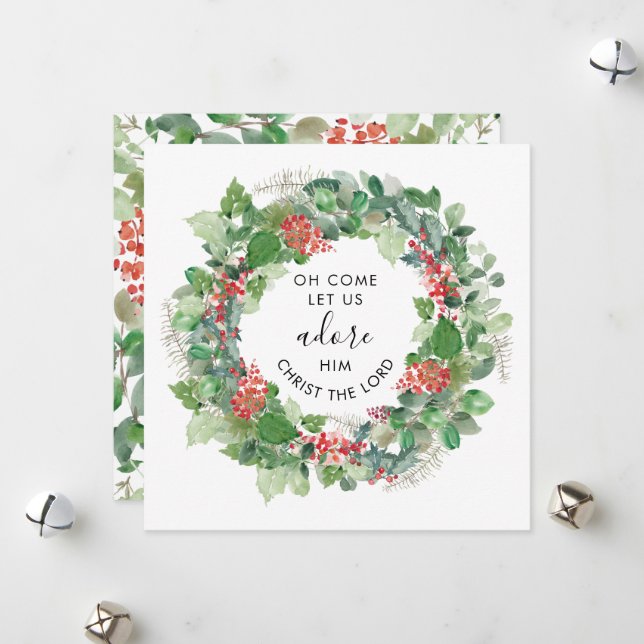 Modern Grönska Kom Låt Oss Tillbe Honom Religiös  Julkort (Fram/Back In Situ)