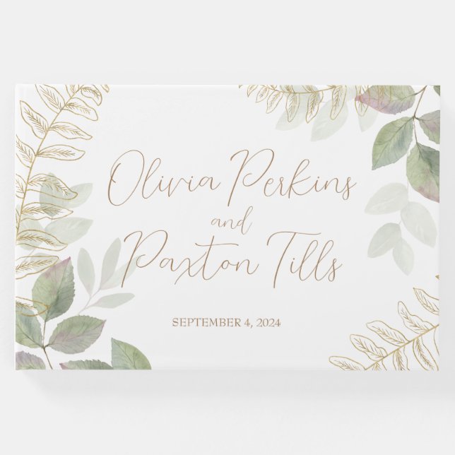 Modern Grönska med Guldbröllop Gästböcker (Framsida)