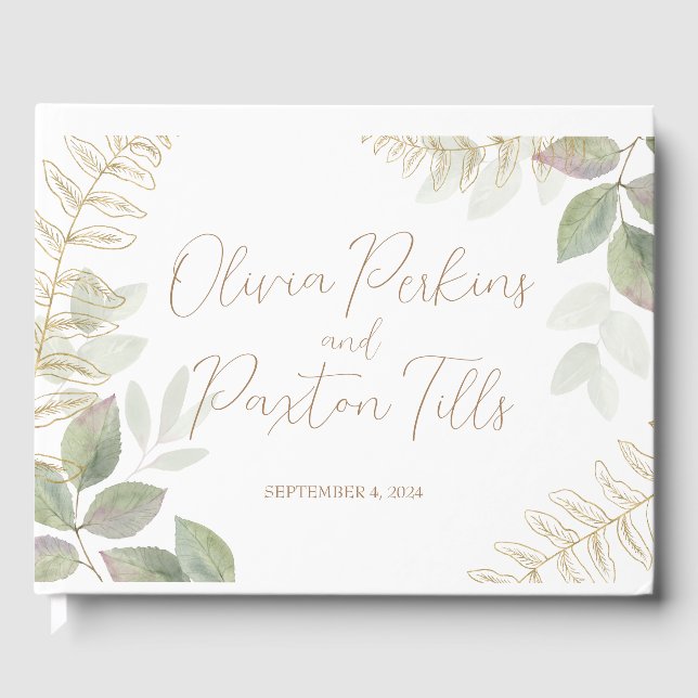 Modern Grönska med Guldbröllop Gästböcker (Framsida)