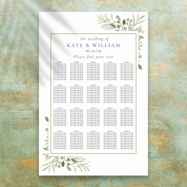 Modern Grönskande Bröllops Placeringsplan Diagram Poster (Modern Greenery Wedding Seating Plan Chart)